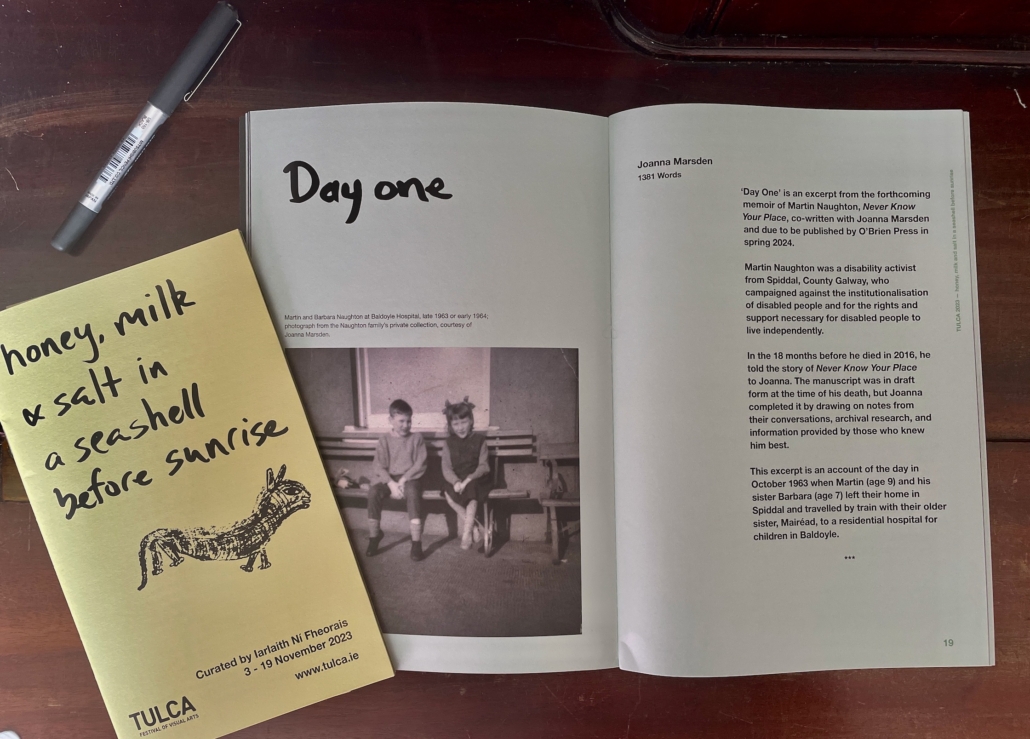 TULCA Festival booklet plus open pages of TULCA Festival Publication. Title 'Day One'